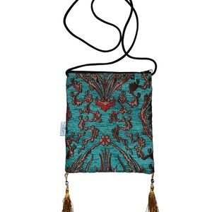 Vintage oriental embroidered turquoise & maroon crossbody bag with beaded fringe